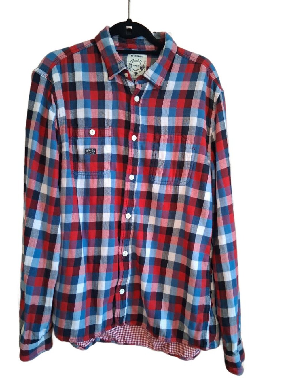 Diesel Men's Cotton Plaid Button Down Shirt w' Red Gingham Lining XXL